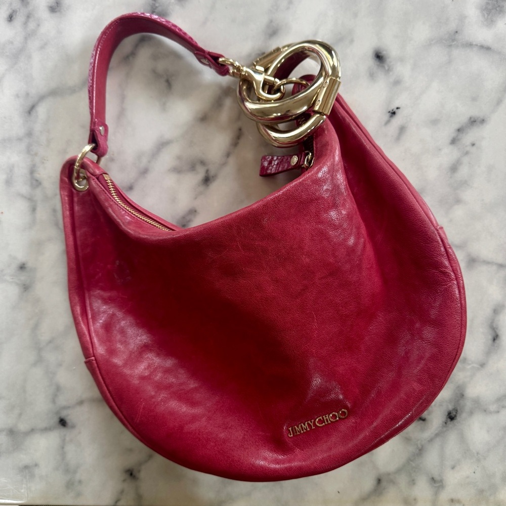 Authentic Vintage Jimmy Choo Red Leather Hobo Bag Gold Bangles